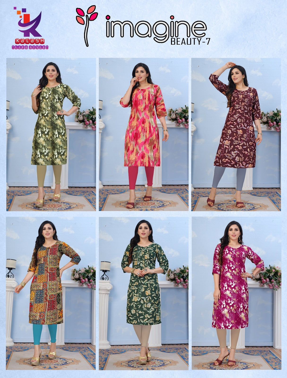 Imagine Beauty 7 Mlm Kalash Lifestyle Rayon 14Kg Knee Length Kurtis Exporter India