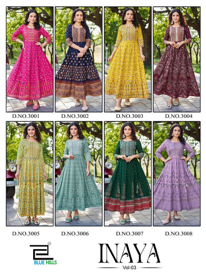 Inaya Vol 3 Blue Hills Rayon 14Kg Anarkali Kurtis Wholesale Price