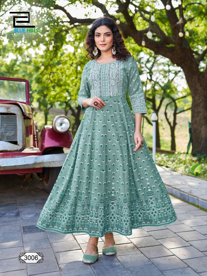 Inaya Vol 3 Blue Hills Rayon 14Kg Anarkali Kurtis Wholesale Price