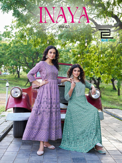 Inaya Vol 3 Blue Hills Rayon 14Kg Anarkali Kurtis Wholesale Price
