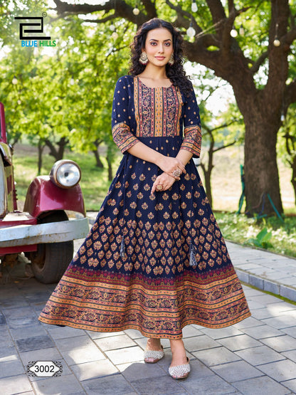 Inaya Vol 3 Blue Hills Rayon 14Kg Anarkali Kurtis Wholesale Price