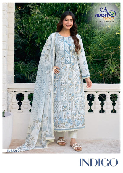 Indigo Avon Trendz Cotton Lawn Pant Style Suits Wholesaler