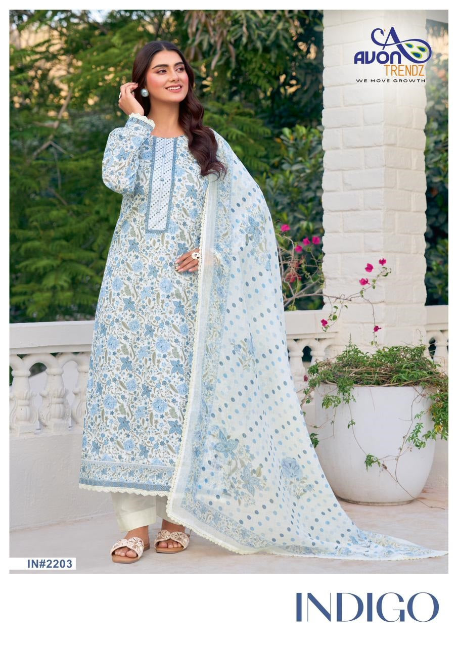Indigo Avon Trendz Cotton Lawn Pant Style Suits Wholesaler