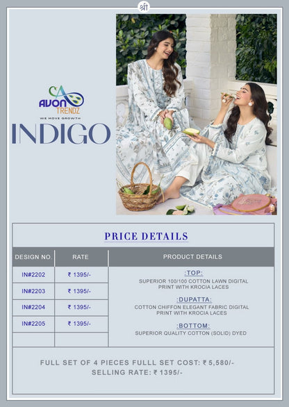 Indigo Avon Trendz Cotton Lawn Pant Style Suits Wholesaler
