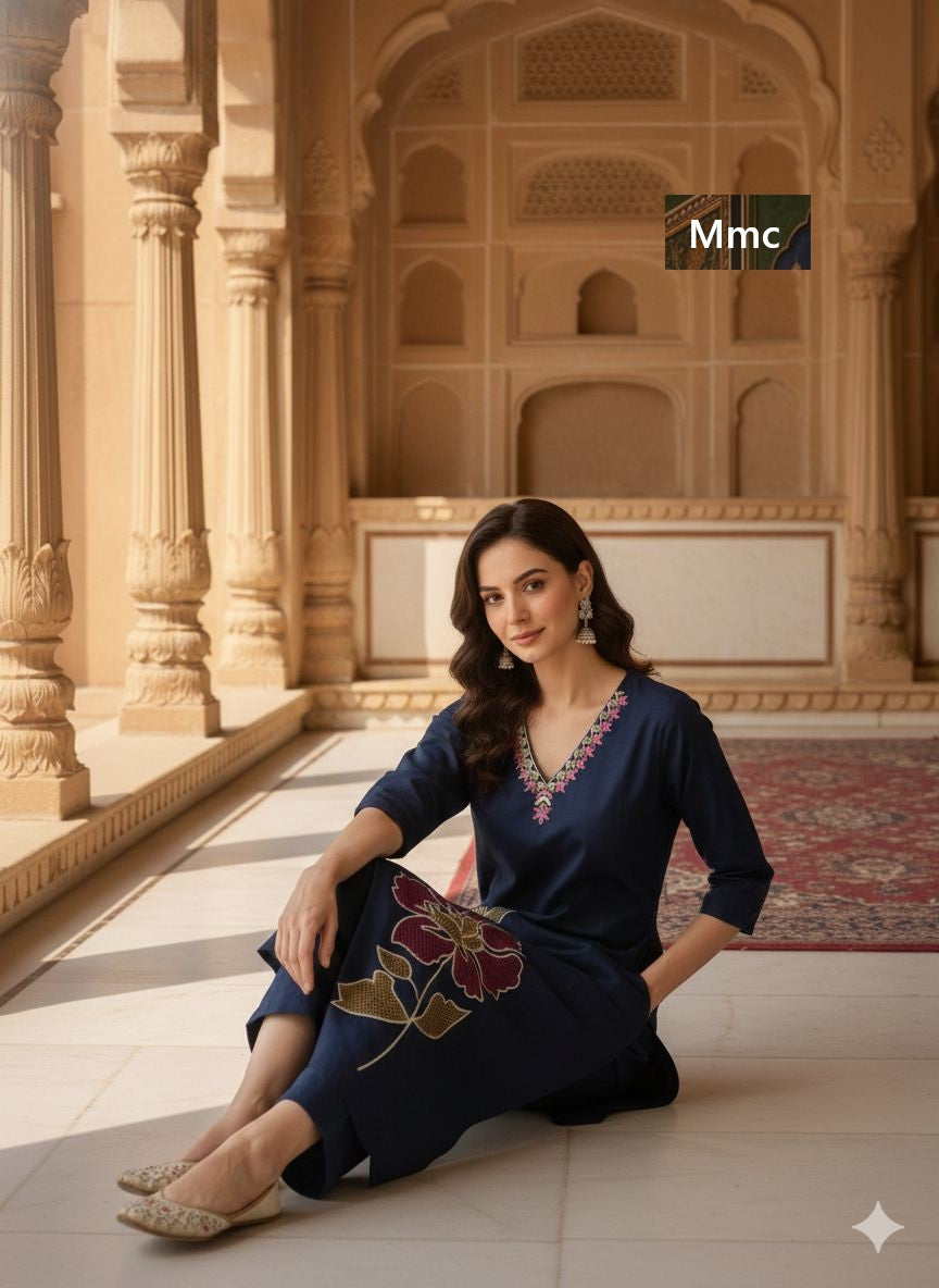 Indigo Flower Mmc Cotton Kurti Pant Set Manufacturer Gujarat