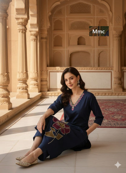 Indigo Flower Mmc Cotton Kurti Pant Set Manufacturer Gujarat