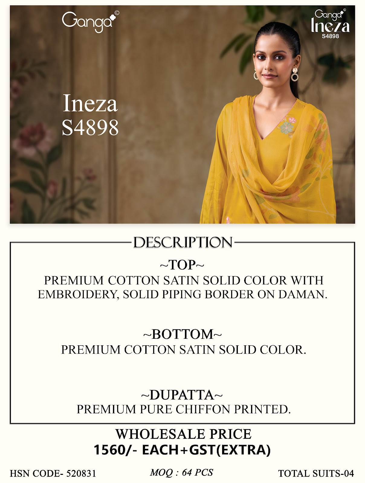 Ineza S4898 Ganga Cotton Satin Plazzo Style Suits Exporter Gujarat