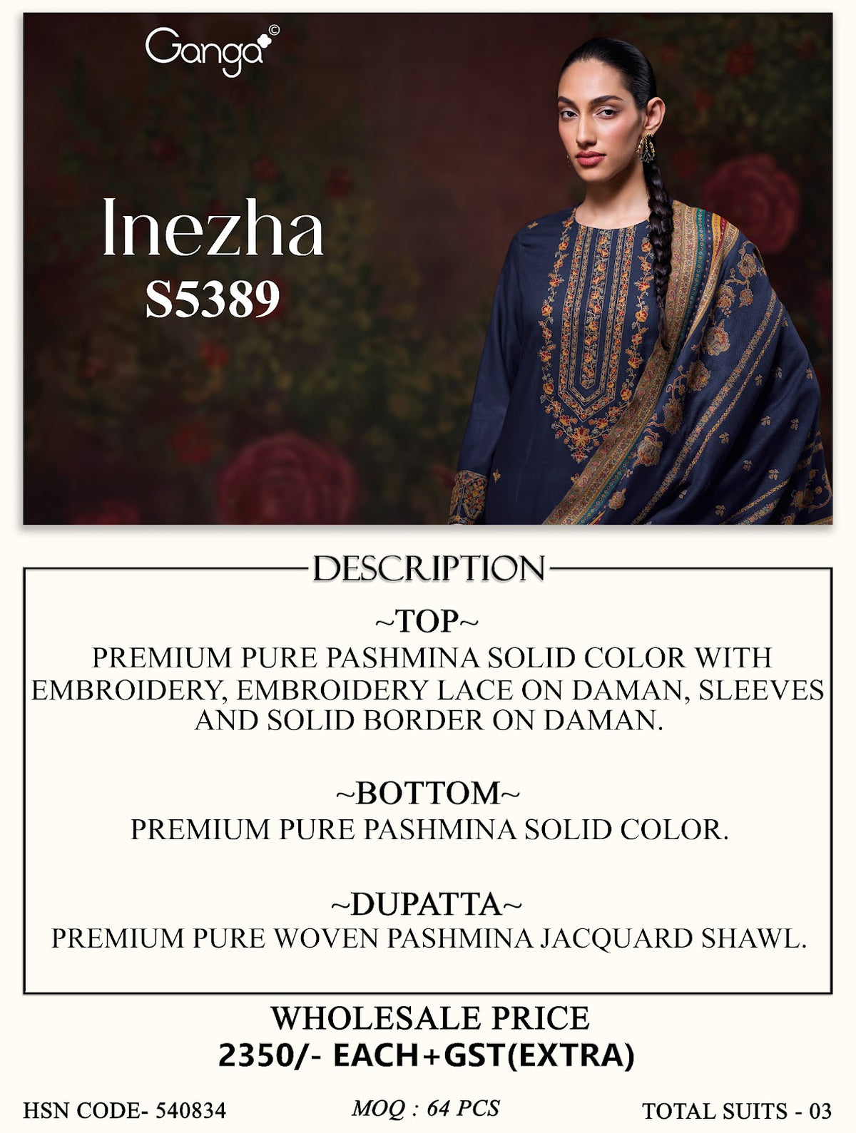 Inezha S5389 Ganga Pashmina Suits Wholesale Rate