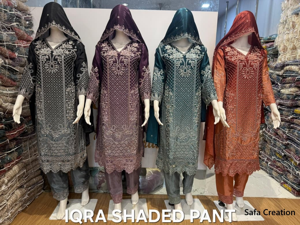 Iqra Shaded Safa Creation Chinon Pakistani Readymade Suits Wholesaler Ahmedabad