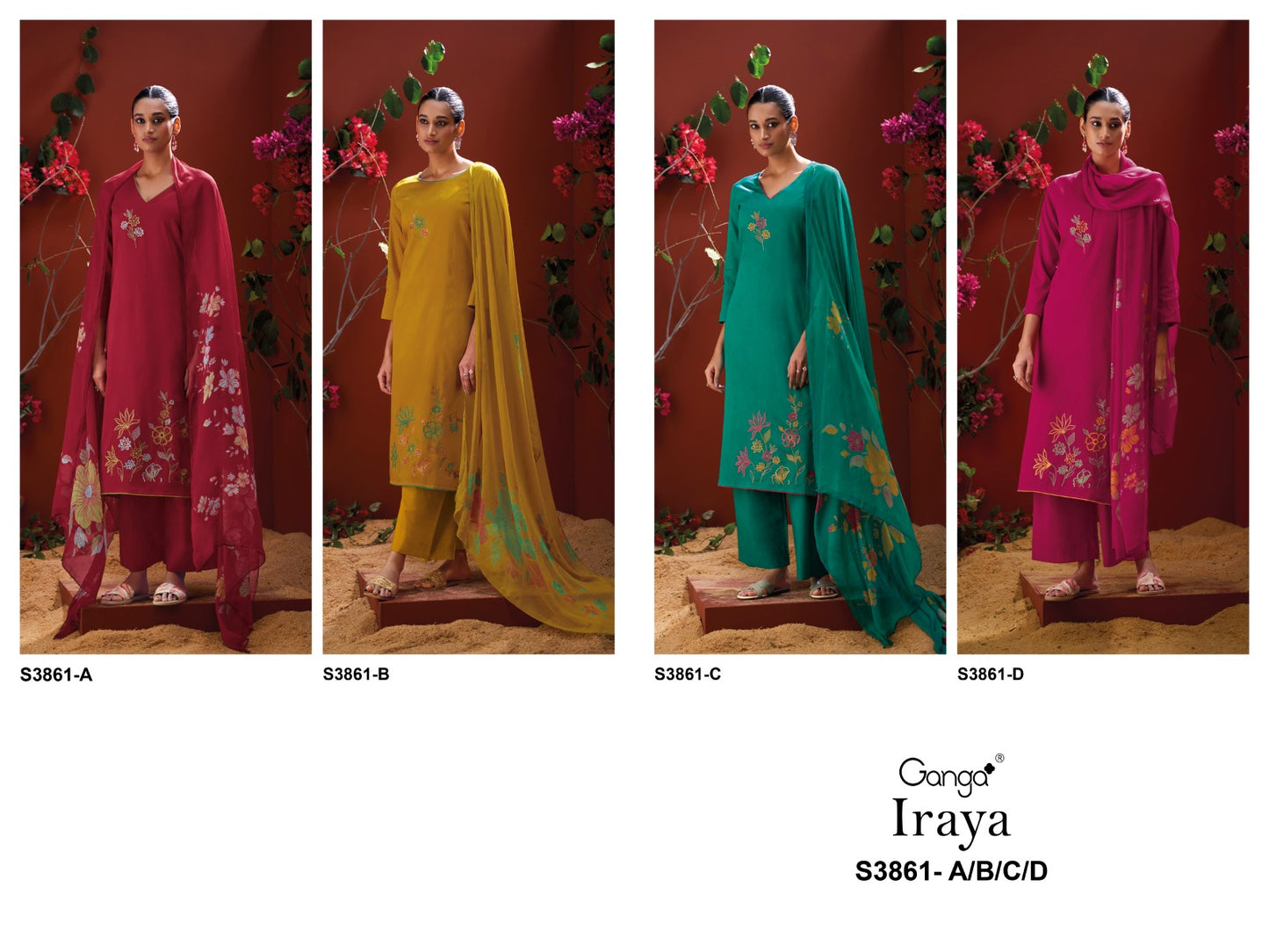 Iraya 3861 Ganga Cotton Satin Plazzo Style Suits Exporter