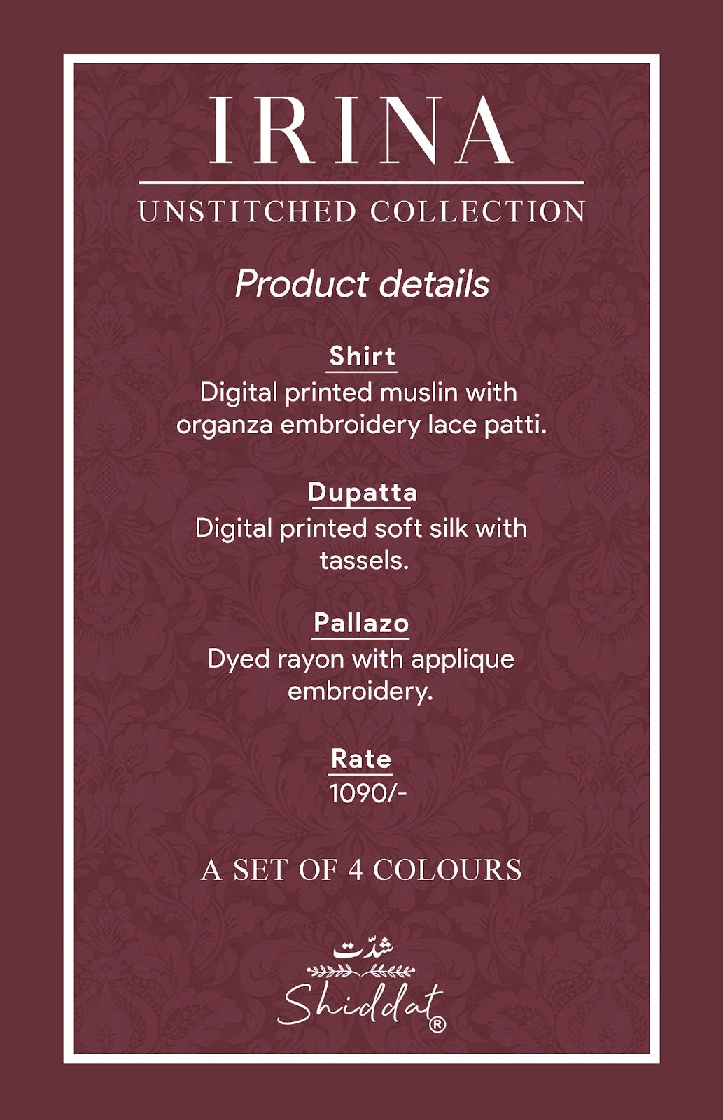 Irina 1006 Shiddat Muslin Pant Style Suits Exporter India