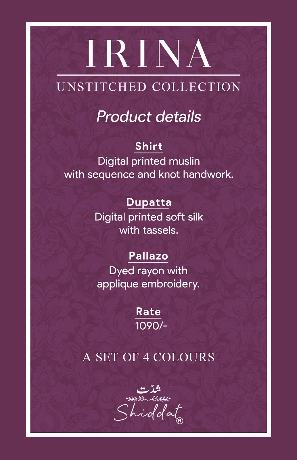 Irina 1008 Shiddat Muslin Pant Style Suits Manufacturer