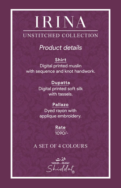 Irina 1008 Shiddat Muslin Pant Style Suits Manufacturer