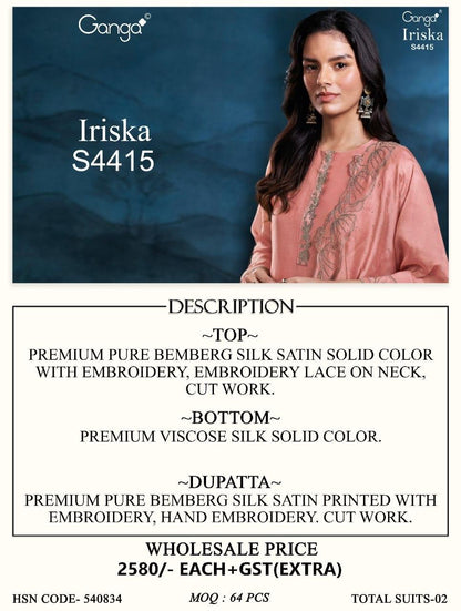 Iriska 4415 Ganga Silk Satin Plazzo Style Suits Supplier India