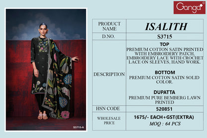 Isalith 3715 Ganga Premium Cotton Plazzo Style Suits Wholesale Rate