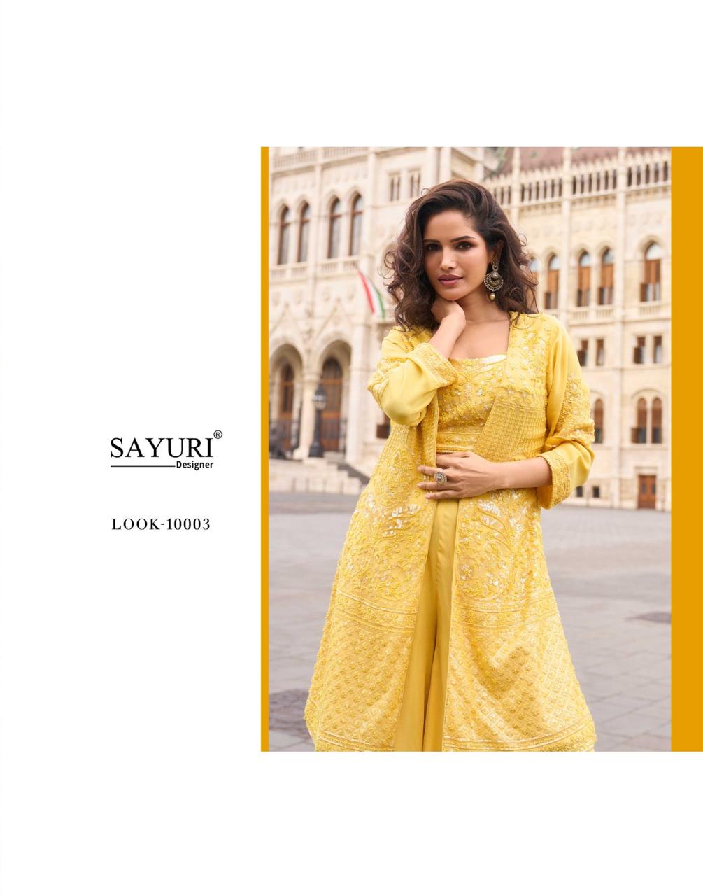 Isha Sayuri Georgette Crop Top Shurg Palazzo Set Wholesale