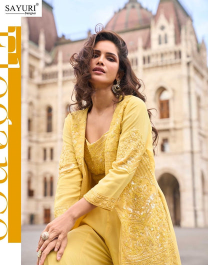 Isha Sayuri Georgette Crop Top Shurg Palazzo Set Wholesale