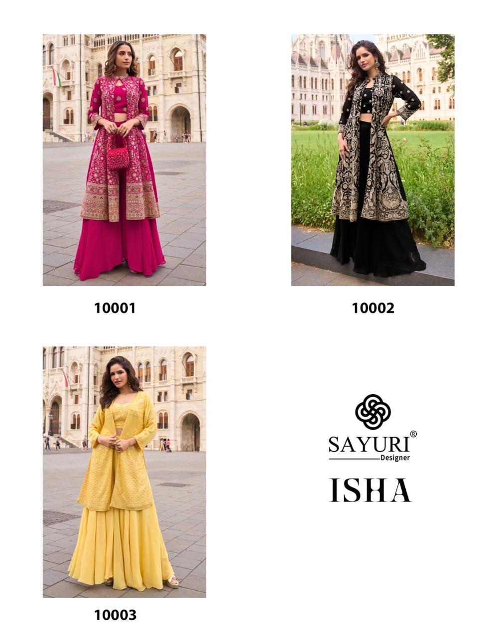 Isha Sayuri Georgette Crop Top Shurg Palazzo Set Wholesale
