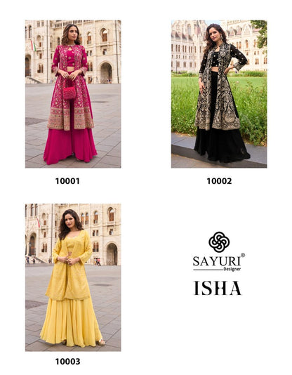 Isha Sayuri Georgette Crop Top Shurg Palazzo Set Wholesale