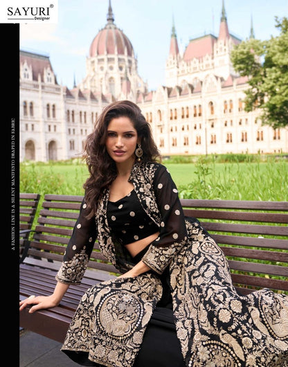 Isha Sayuri Georgette Crop Top Shurg Palazzo Set Wholesale