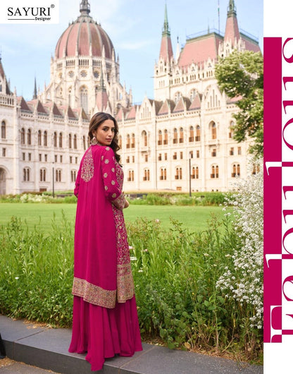 Isha Sayuri Georgette Crop Top Shurg Palazzo Set Wholesale