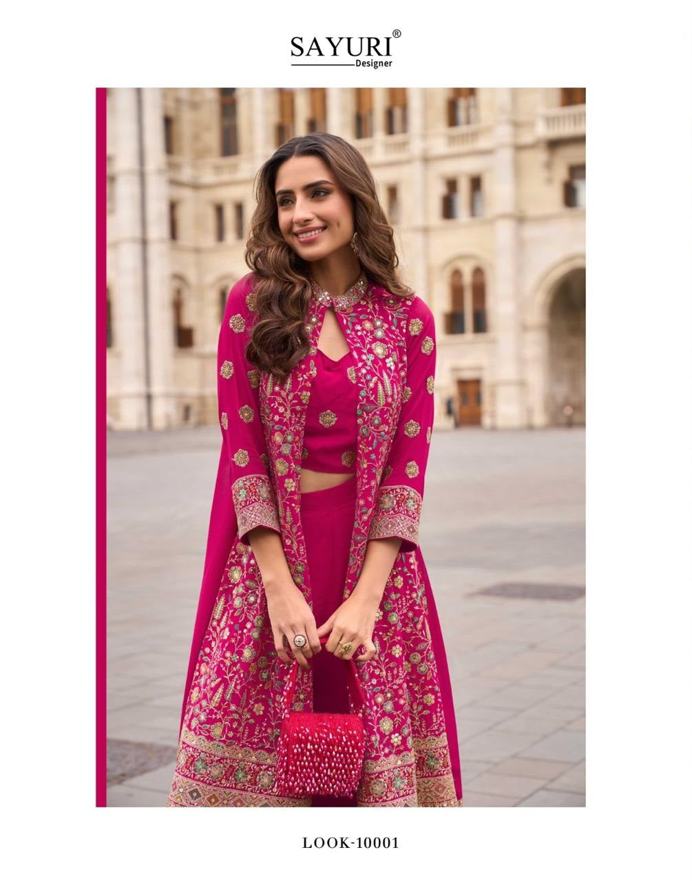 Isha Sayuri Georgette Crop Top Shurg Palazzo Set Wholesale
