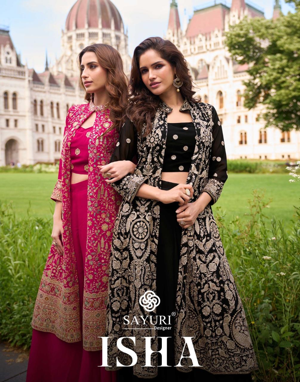 Isha Sayuri Georgette Crop Top Shurg Palazzo Set Wholesale