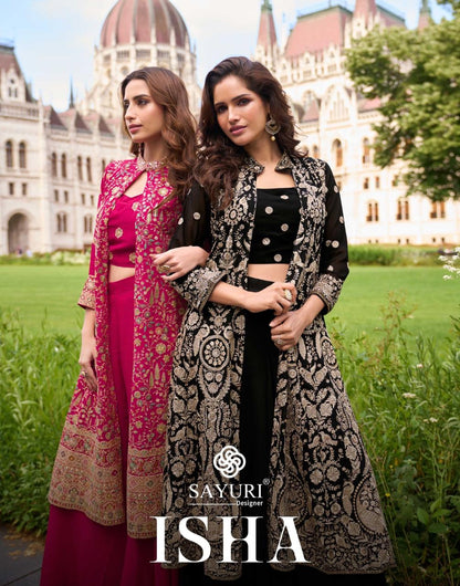 Isha Sayuri Georgette Crop Top Shurg Palazzo Set Wholesale