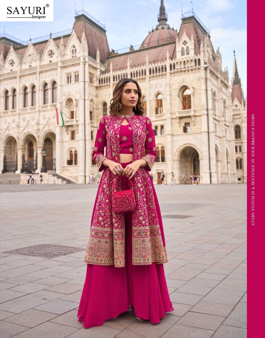 Isha Sayuri Georgette Crop Top Shurg Palazzo Set Wholesale