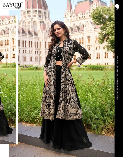 Isha Sayuri Georgette Crop Top Shurg Palazzo Set Wholesale