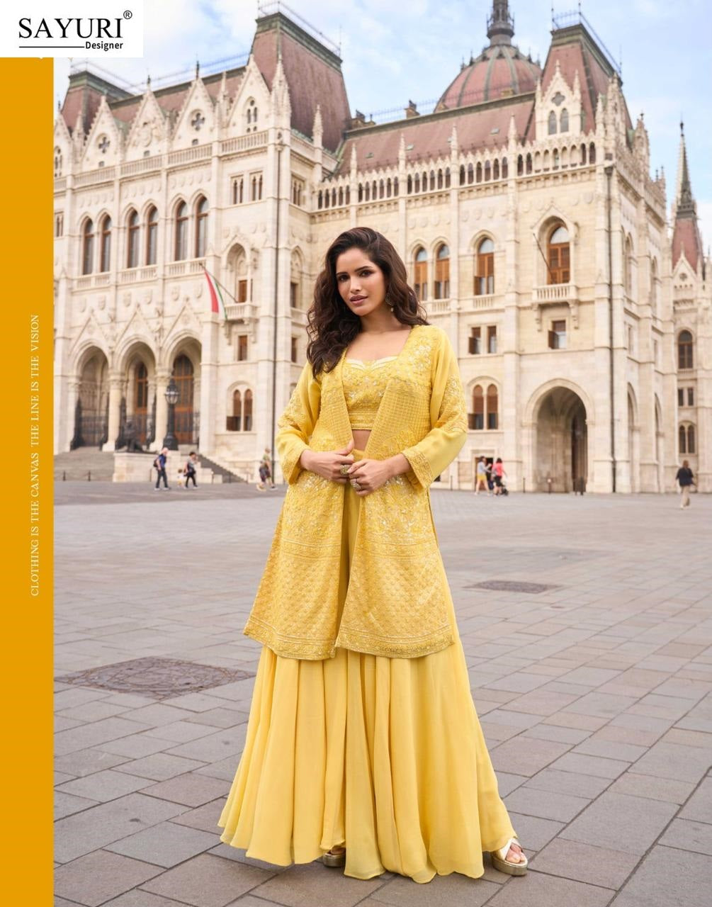 Isha Sayuri Georgette Crop Top Shurg Palazzo Set Wholesale