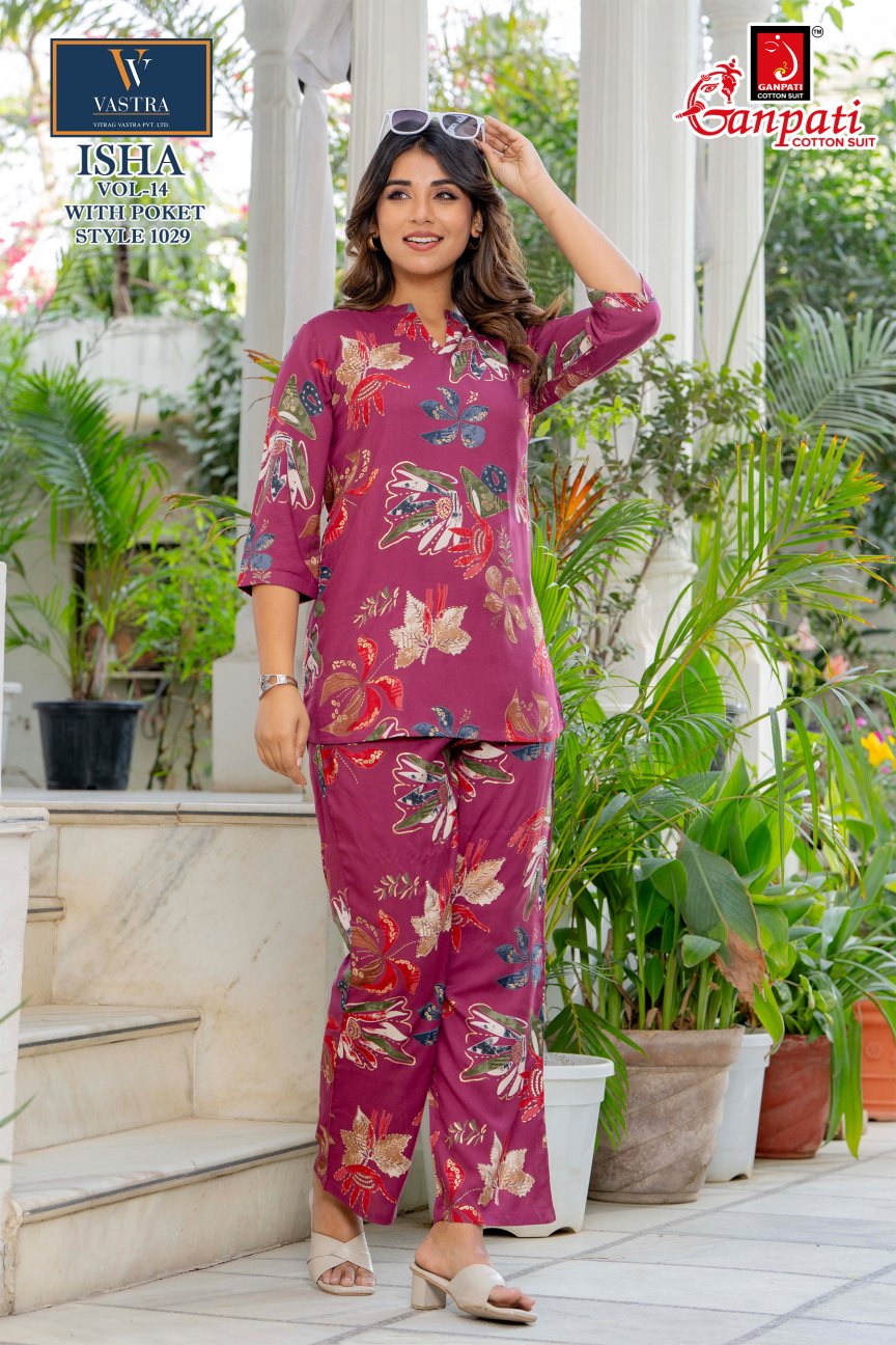 Isha Vol 14 Ganpati Rayon Co Ord Set Wholesaler Ahmedabad