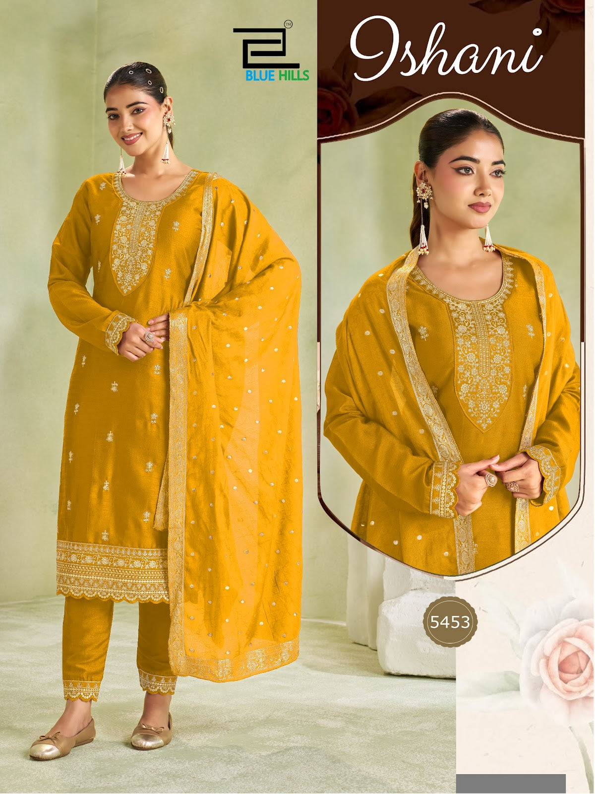 Ishani Long Sleeve Blue Hills Vichitra Readymade Pant Style Suits Wholesaler India
