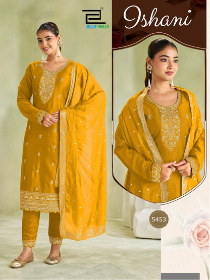 Ishani Long Sleeve Blue Hills Vichitra Readymade Pant Style Suits Wholesaler India