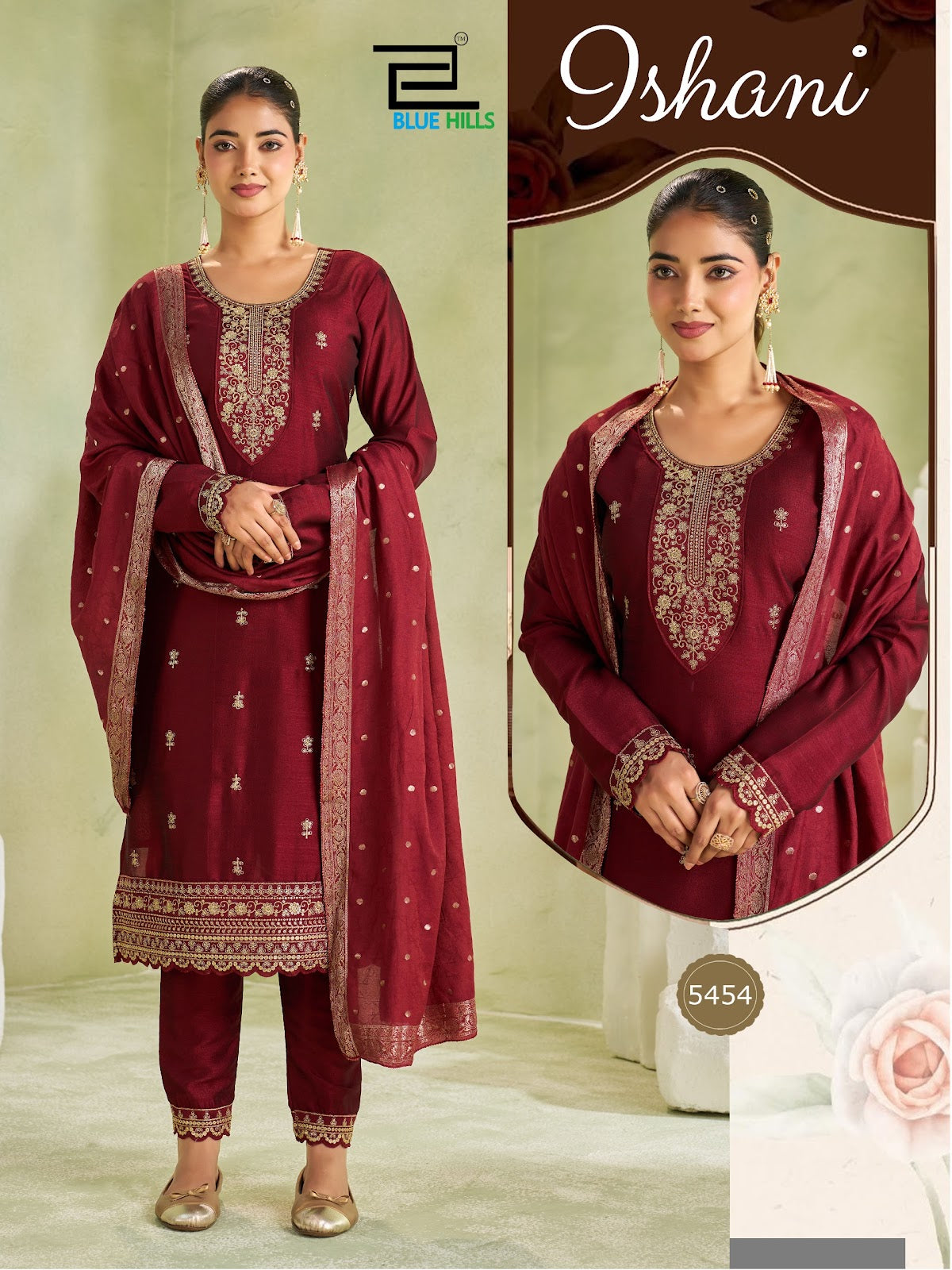 Ishani Long Sleeve Blue Hills Vichitra Readymade Pant Style Suits Wholesaler India
