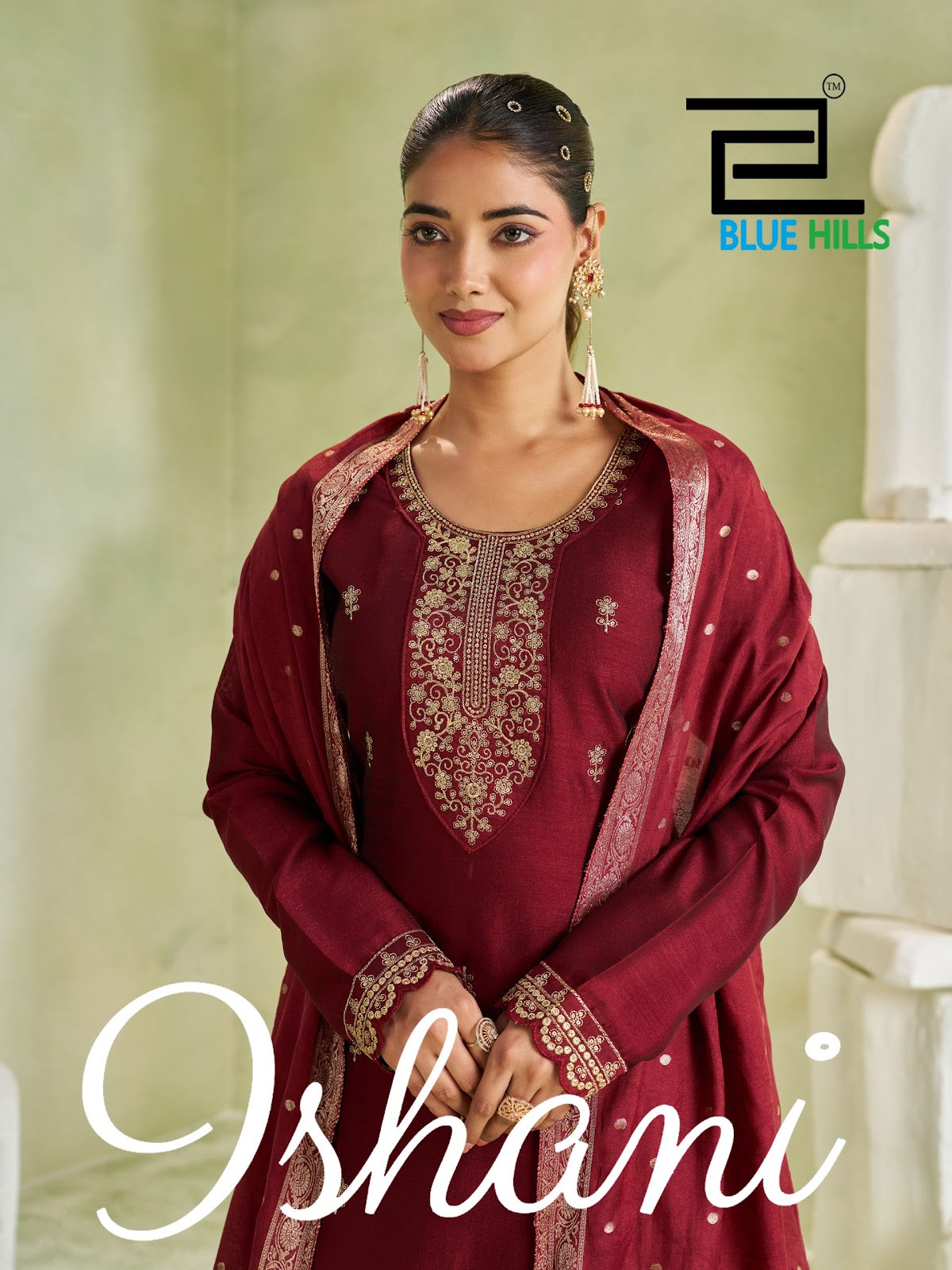 Ishani Long Sleeve Blue Hills Vichitra Readymade Pant Style Suits Wholesaler India