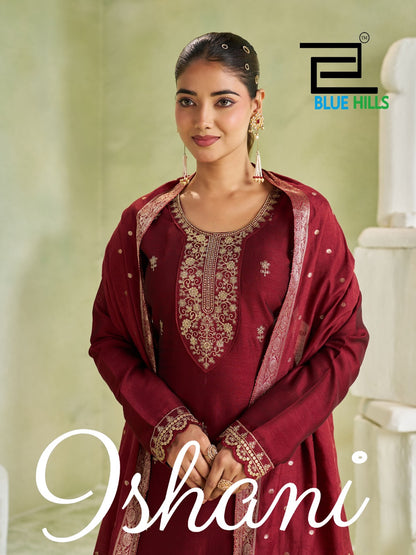 Ishani Long Sleeve Blue Hills Vichitra Readymade Pant Style Suits Wholesaler India