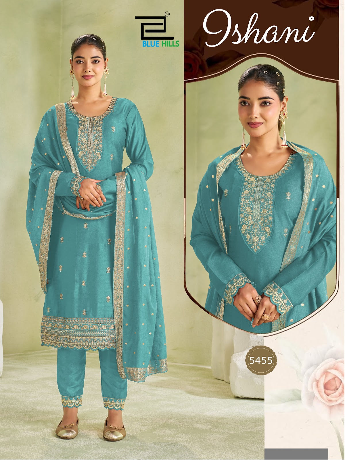 Ishani Long Sleeve Blue Hills Vichitra Readymade Pant Style Suits Wholesaler India