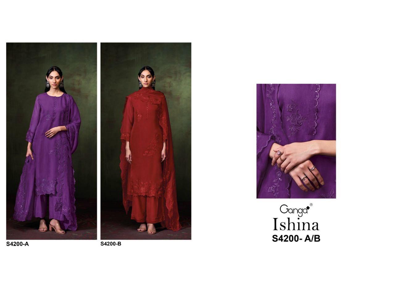 Ishina 4200 Ganga Bemberg Kora Plazzo Style Suits Wholesaler