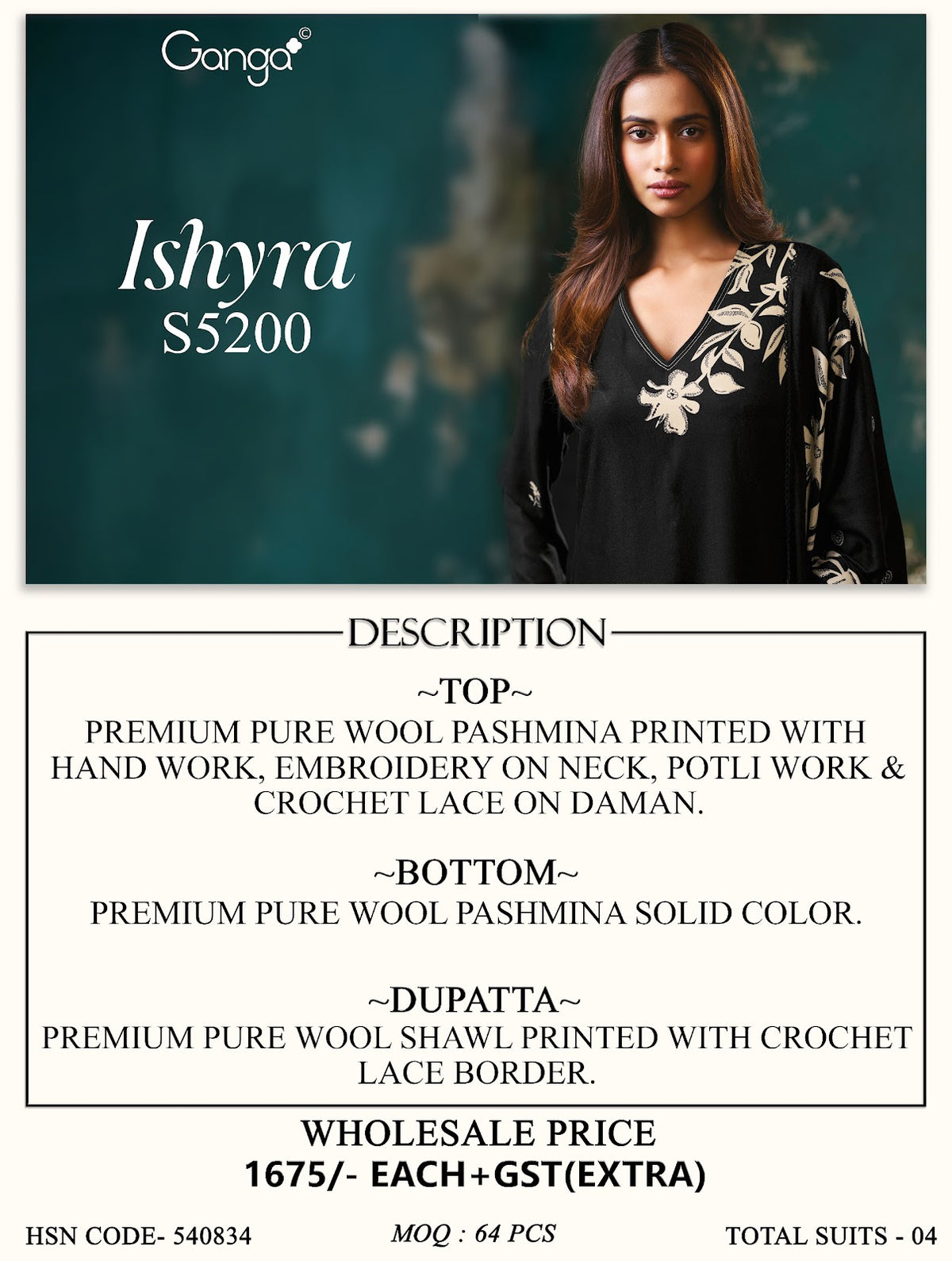 Ishyra S5200 Ganga Wool Pashmina Suits Supplier India