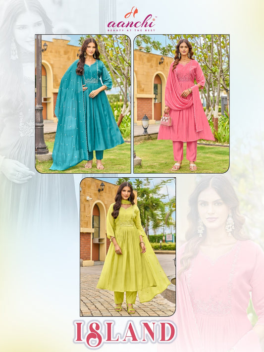 Island Aanchi Mul Chanderi Readymade Anarkali Suits Wholesale Price