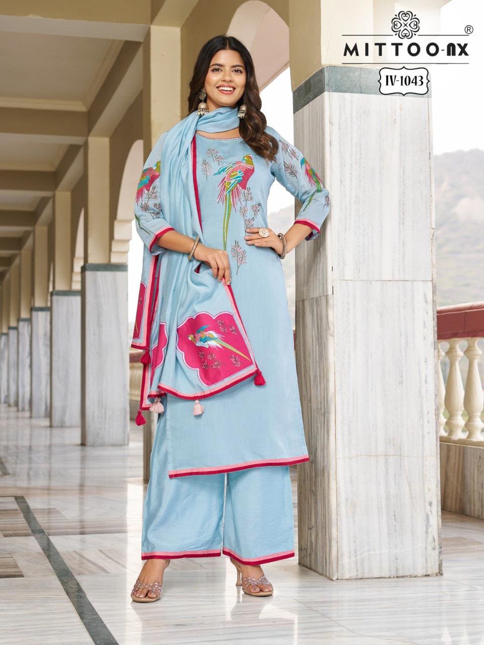 Iv-1043 Mittoo Mal Chanderi Readymade Plazzo Style Suits Supplier