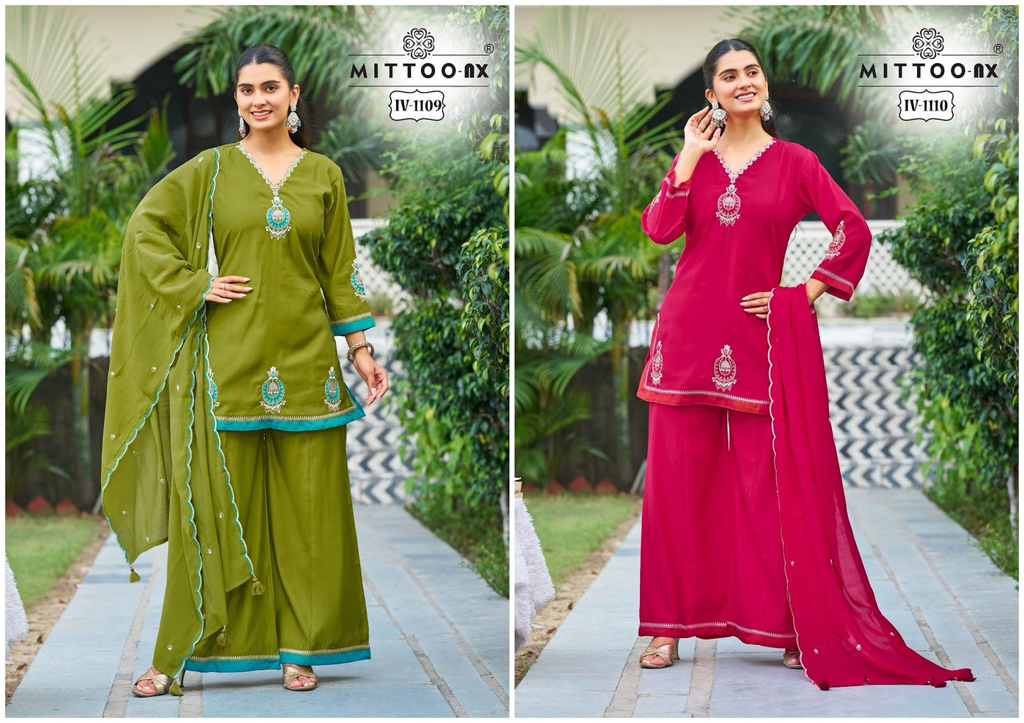 Iv-1109 And 1110 Mittoo Roman Silk Readymade Plazzo Style Suits Exporter Ahmedabad
