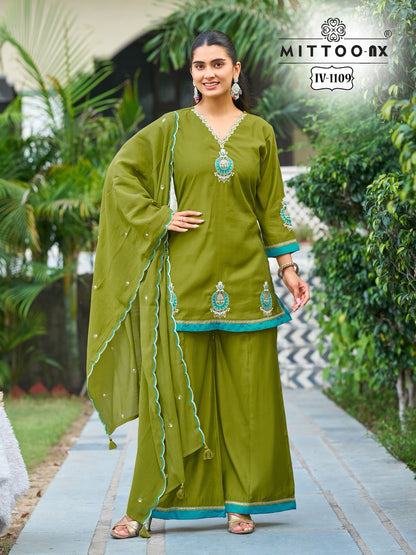 Iv-1109 And 1110 Mittoo Roman Silk Readymade Plazzo Style Suits Exporter Ahmedabad
