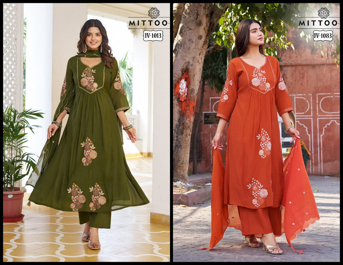 Iv 1013-1083 Mittoo Mull Chanderi Readymade Anarkali Suits Exporter