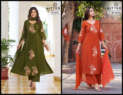 Iv 1013-1083 Mittoo Mull Chanderi Readymade Anarkali Suits Exporter