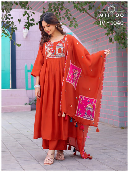 Iv Combo Design Mittoo Chanderi Readymade Pant Style Suits Exporter India