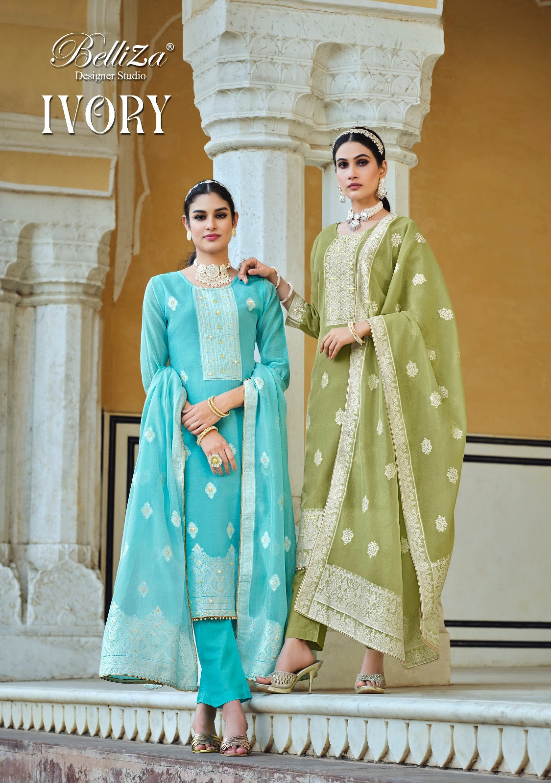 Ivory Belliza Designer Studio Cotton Jacquard Karachi Salwar Suits Wholesale