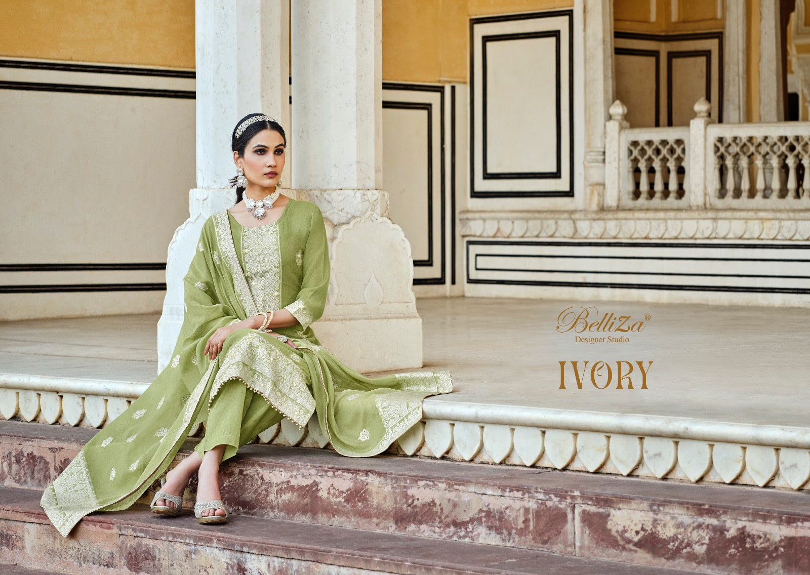 Ivory Belliza Designer Studio Cotton Jacquard Karachi Salwar Suits Wholesale