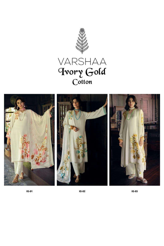 Ivory Gold Cotton Varshaa Pant Style Suits Manufacturer Gujarat